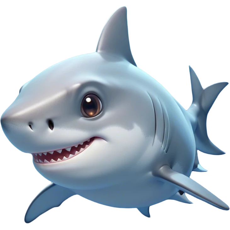 Cinematic Cute Shark Portrait Emoji, Head tilted playfully and inquisitively, featuring a glossy, streamlined body with a subtle shimmering hue and round, sparkling eyes filled with curious charm, Simplified yet irresistibly adorable features, highly detailed, glowing with a warm, friendly glow, high shine, affectionate and sleek, stylized with a touch of marine whimsy, bright and endearing, soft glowing outline, capturing the essence of a mischievous yet loving shark, so playful it feels like it could swim out of the screen into your arms! emoji