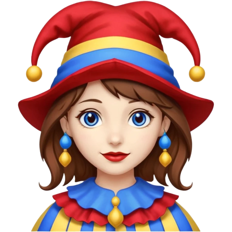 a girl A classic two-armed jester's hat with red and blue stripes, a yellow brim, and small yellow bells on the tips. brown hair blue and red eye's

 emoji