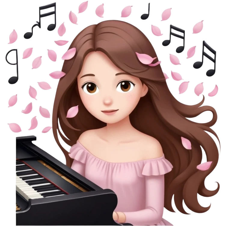 Girl with long brown hair surrounded by soft piano notes and floating petals elegant cute pale pink cartoon style  emoji