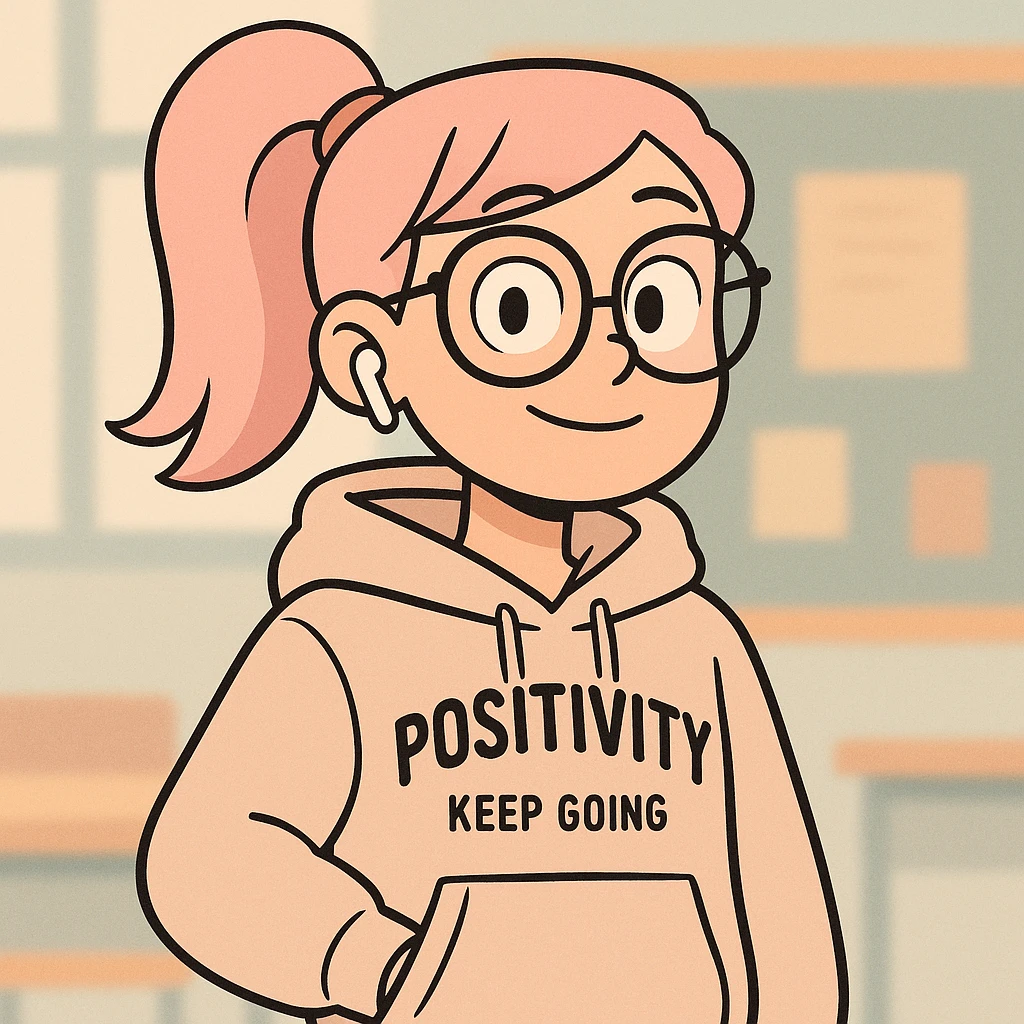 cute and modern digital avatar of a teenage girl with pastel pink hair in a high ponytail, oversized glasses, stylish hoodie with English phrases, wireless earbuds, confident and friendly expression, standing in front of a soft background with abstract classroom or city elements, clean 2D digital illustration, slightly cartoonish but polished, Instagram-style color palette emoji