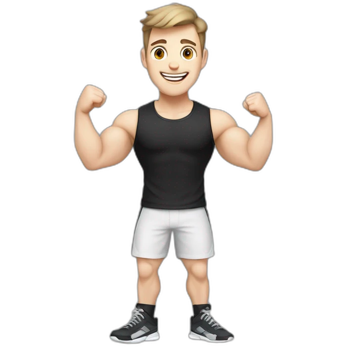 Joyful Celebrating victory Pale skinned Fit Man With the biceps and dark brown hair in black shirt, gray sports shorts and white Sneakers emoji