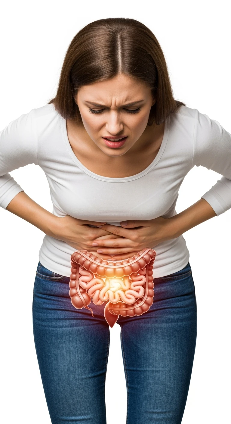 donna piegata in avanti frontalmente con mal di pancia, espressione di dolore in volto in primo piano e intestino anatomico in evidenza, iperrealistico 4k, sfondo bianco emoji