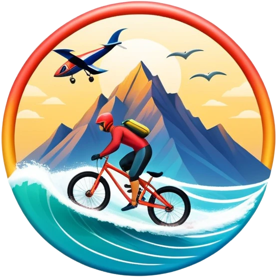 A bold, dynamic emblem combining elements of extreme sports like a mountain, a bike, surfing, ocean and a parachute, all within a circular or shield-like shape. The design conveys speed, adventure, with sharp lines and vibrant colors representing the thrill and intensity of extreme sports. emoji