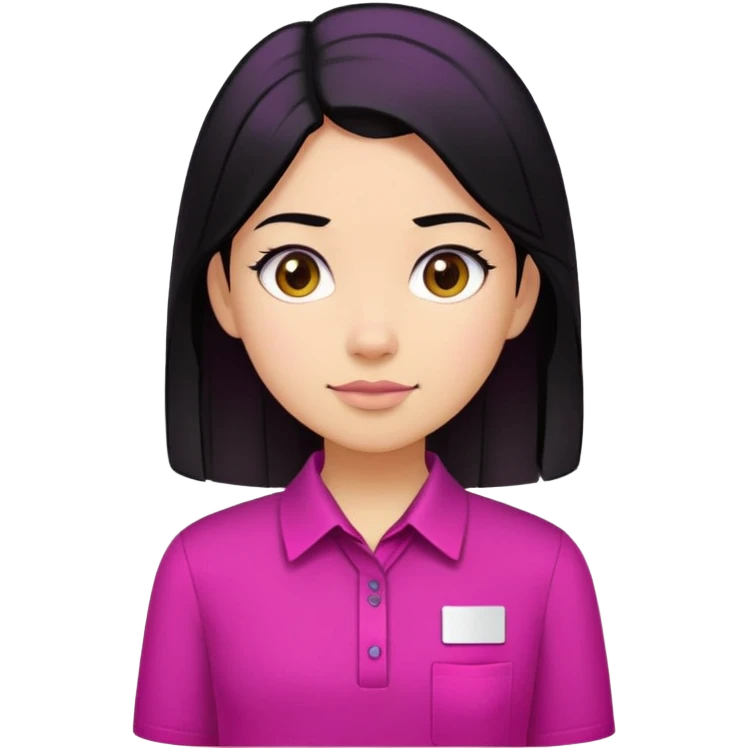 girl wearing a magenta shirt with white name tag with black hair  emoji
