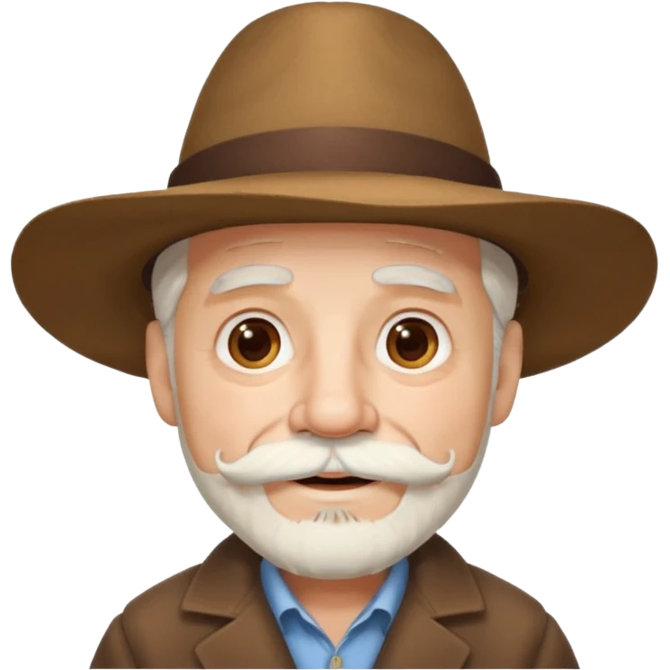 old man light skin, white hair, and a matching white mustache and beard, wearing a wide-brimmed brown hat and has large brown eyes with a cheerful expression emoji