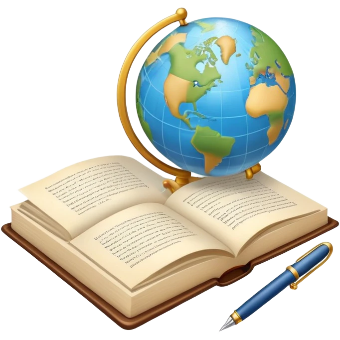 An icon featuring an open book, a speech bubble, and a pen, symbolizing philology and linguistics. The design includes a globe with language characters and grammar symbols, representing the study of languages and literature. Transparent background highlights language analysis. emoji