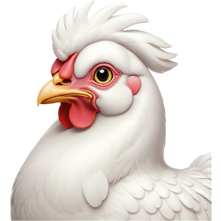 Cinematic Noble White Chicken Portrait Emoji, Poised and regal, with a compact, sturdy build and a pristine, well-groomed pure white plumage, deep-set soulful beady eyes, Simplified yet sharp and sophisticated features, highly detailed, glowing with a soft, dignified glow, high shine, intelligent and alert, stylized with an air of barnyard elegance, focused and attentive, soft glowing outline, capturing the essence of a watchful and confident fowl, so majestic it feels as though it could strut out of the screen with effortless authority! emoji