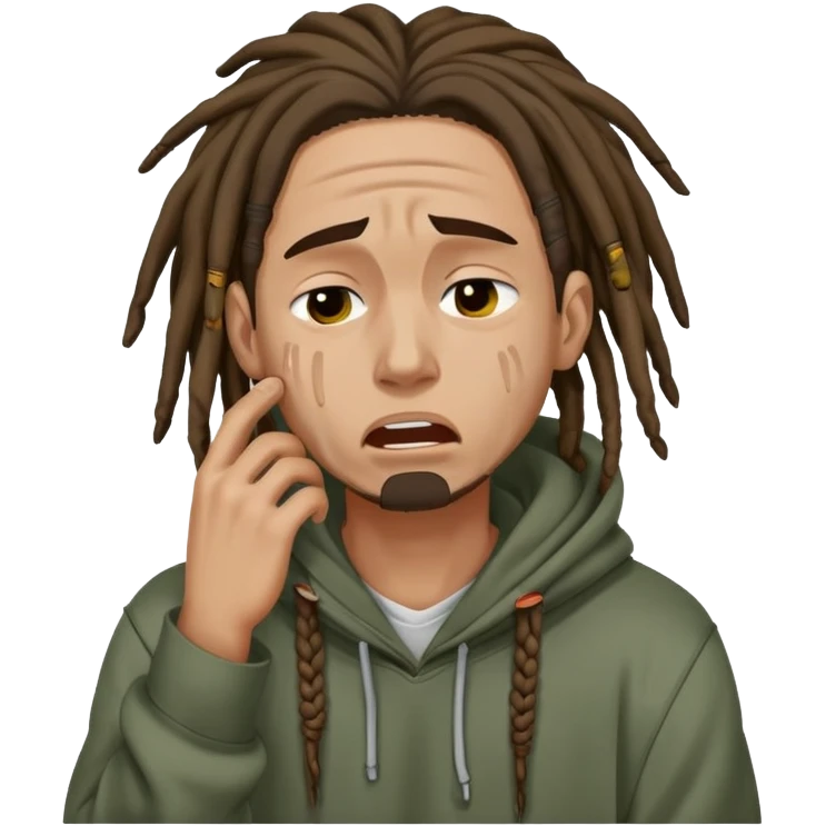 Guy with dreads wearin a hoodie crying because he got slapped on the neck  emoji
