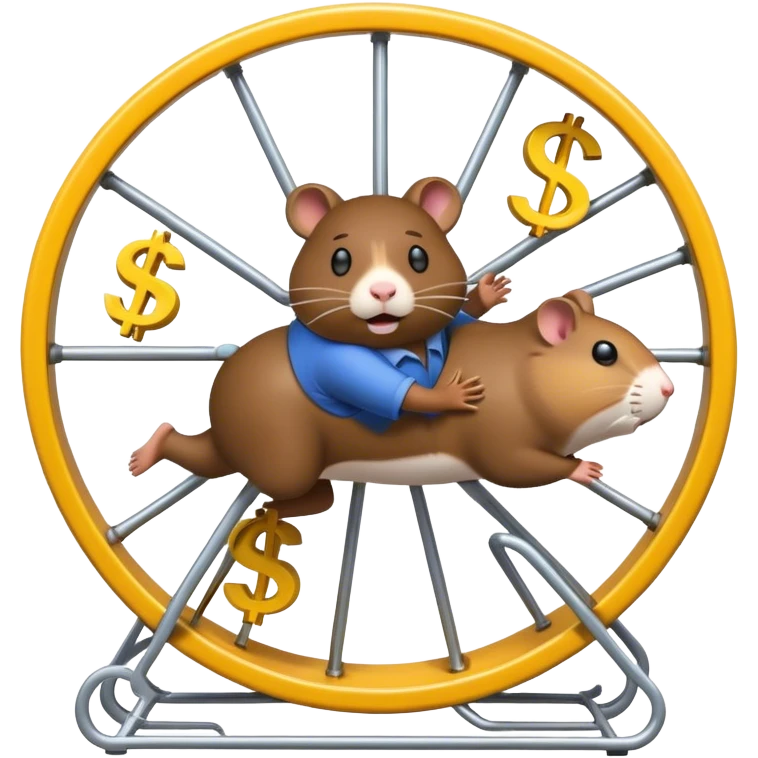 Create an emoji of a tired, overworked entrepreneur running on a hamster wheel, chasing a floating dollar sign or a bag of money. The character has dark circles under their eyes, looks exhausted, and appears stuck in an endless cycle. The hamster wheel represents constant struggle, while the money is always just out of reach. The style should be clean and easily recognizable as an emoji

 emoji