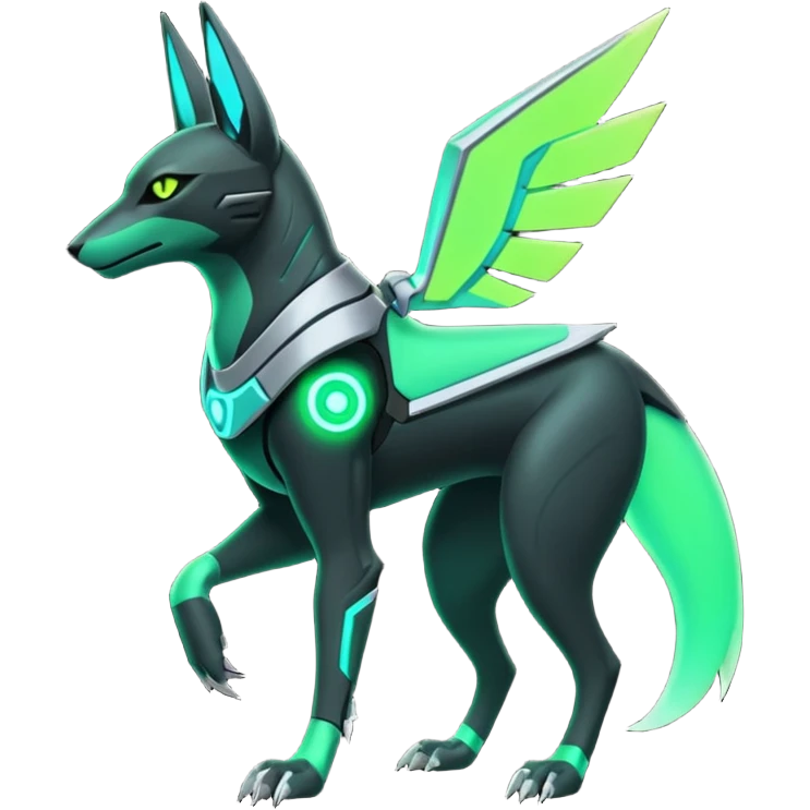 Black and green cyberpunk intricate neon glowing grey white futuristic cyborg-Anubis-Hermanubis-Zeraora-Zoroark-Umbreon-fusion (full body) emoji