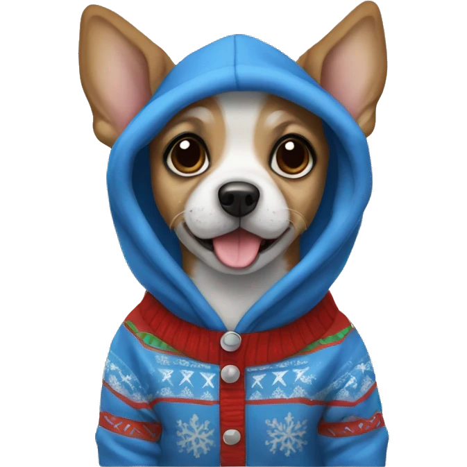 small dog wearing blue christmas hoodie  emoji
