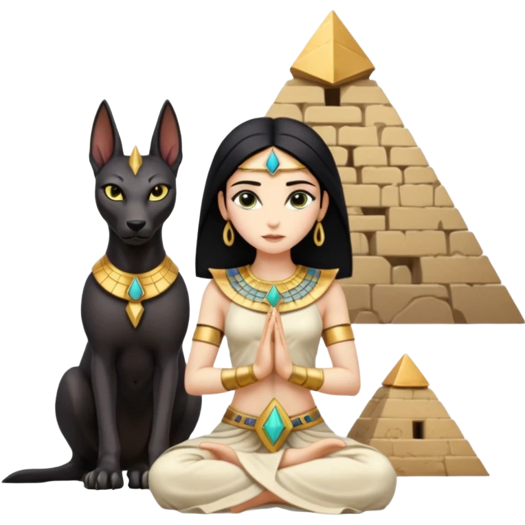 Kindly alien cleopatra Protecting spell silky black-haired tiny statuette scale feral Anubis and pyramid scenery stone-age cracked irregular dwelling  emoji