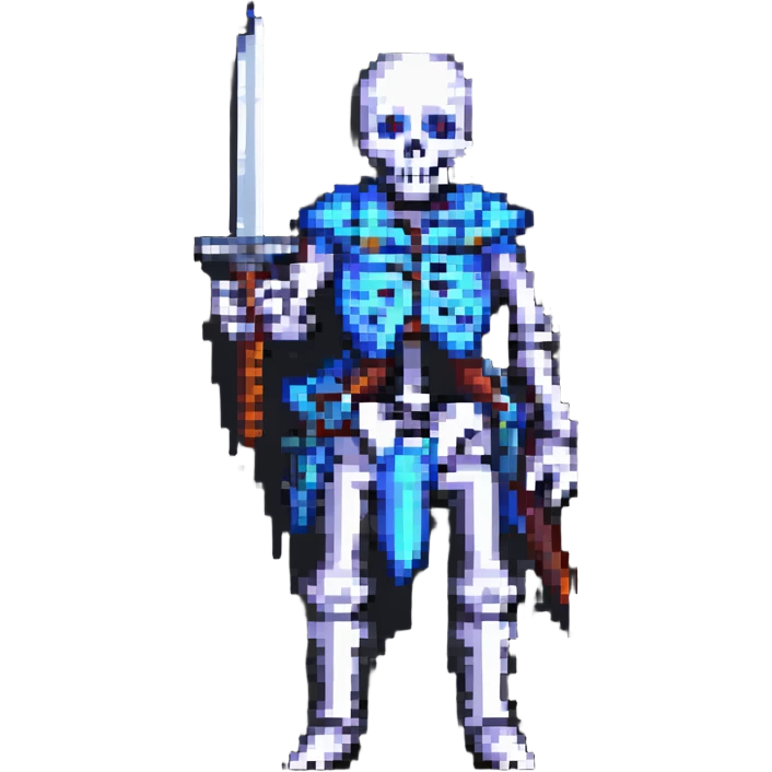 pixel art skeleton holding a sword, simple and bold design emoji