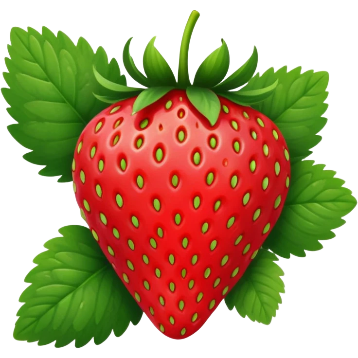 strawberry with realistic texture and seeds, vibrant red, green leaves emoji