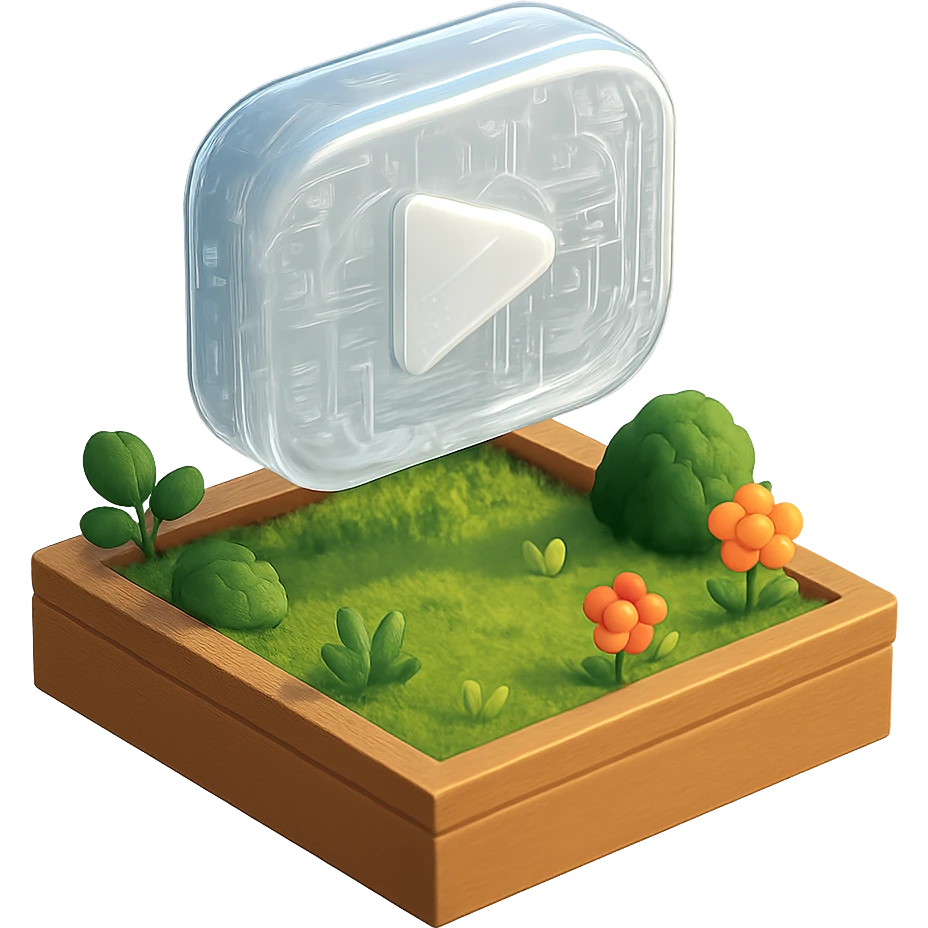 white YouTube play button inside a garden box emoji