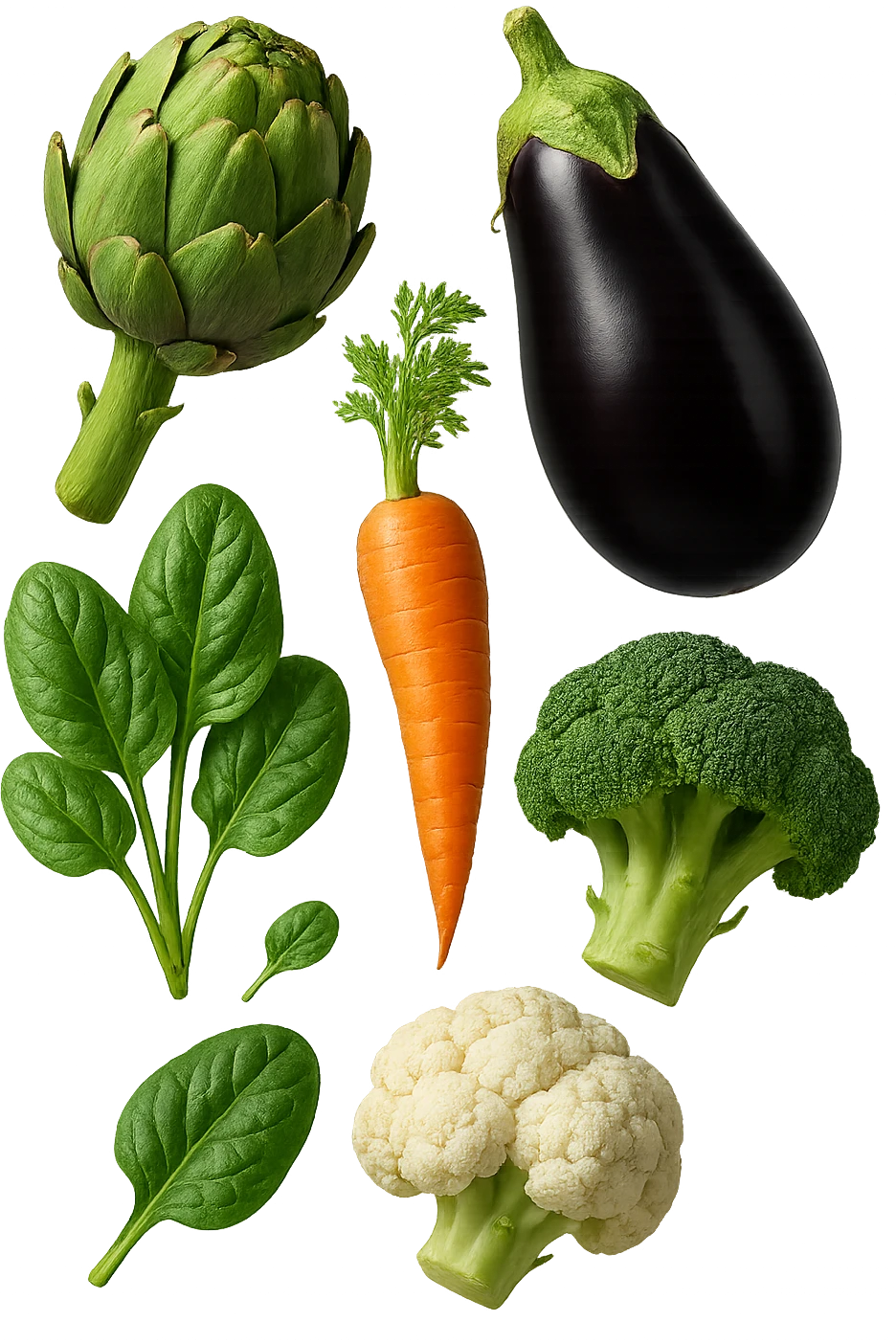 Carciofi, melanzane, carote, spinaci, broccoli, cavolfiore FLUTTUANO IN ARIA, IPERREALISTICO 4K emoji