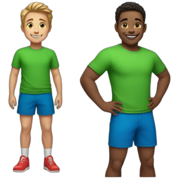 two boys are smiling. One boy with a ball, wearing a green t-shirt and blue shorts, the other wearing a red t-shirt and black shorts. emoji