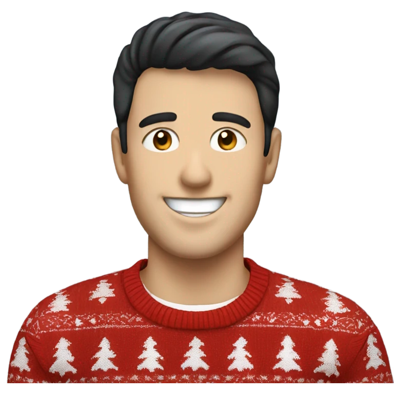 Happy white man with black hair and red christmas jumper and blue jeans  emoji