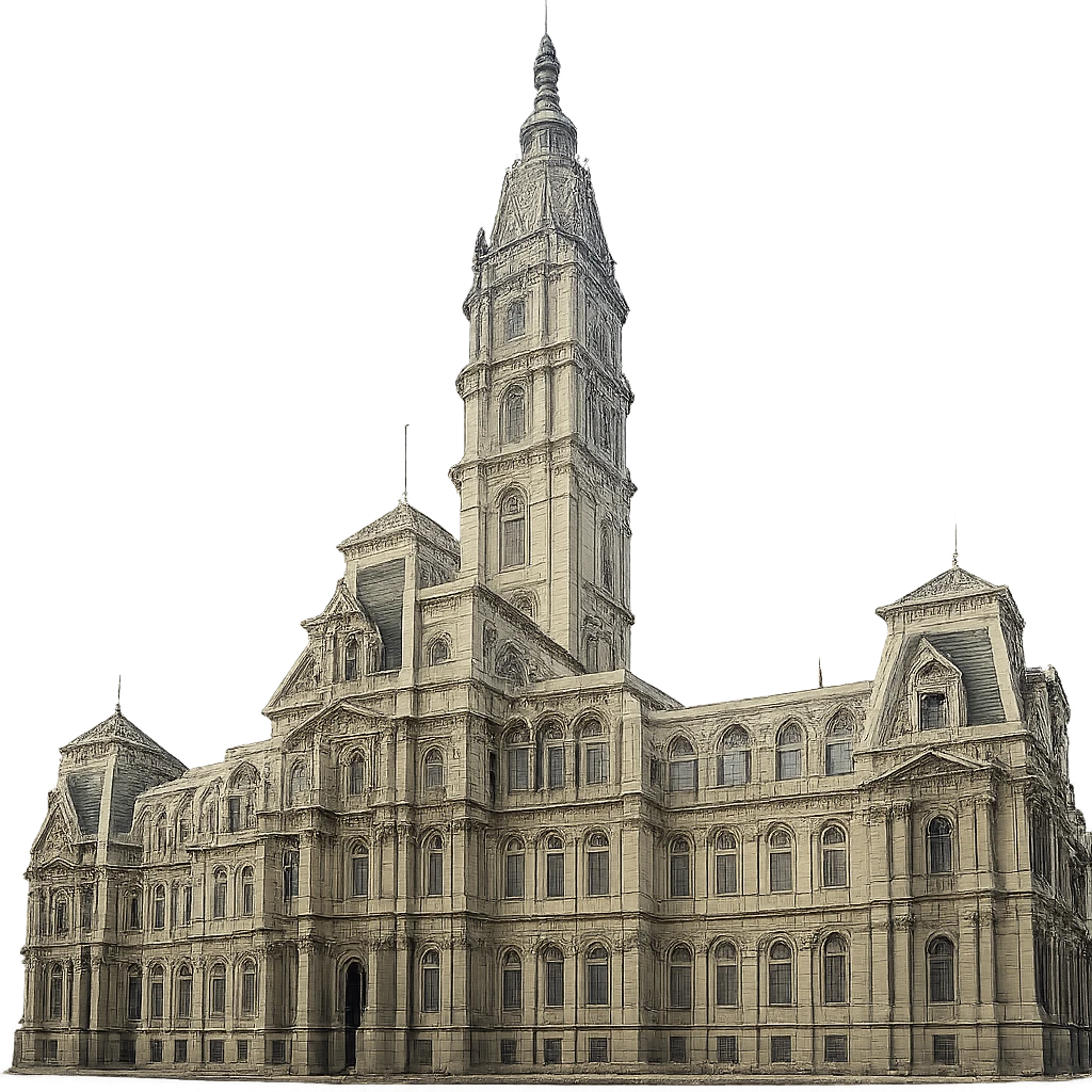 Adjust the colors of Philadelphia City Hall to be more accurate, removing the yellow tint and making the building's colors true to life. Keep the building, details, and composition exactly as they are. Transparent background. emoji