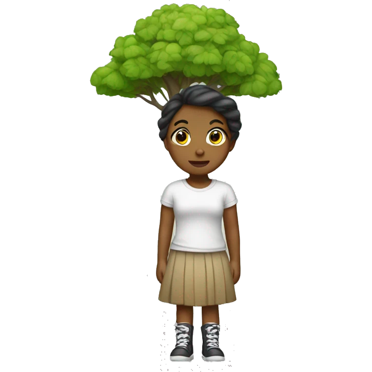 girl in skirt by tree with is mouth closed emoji