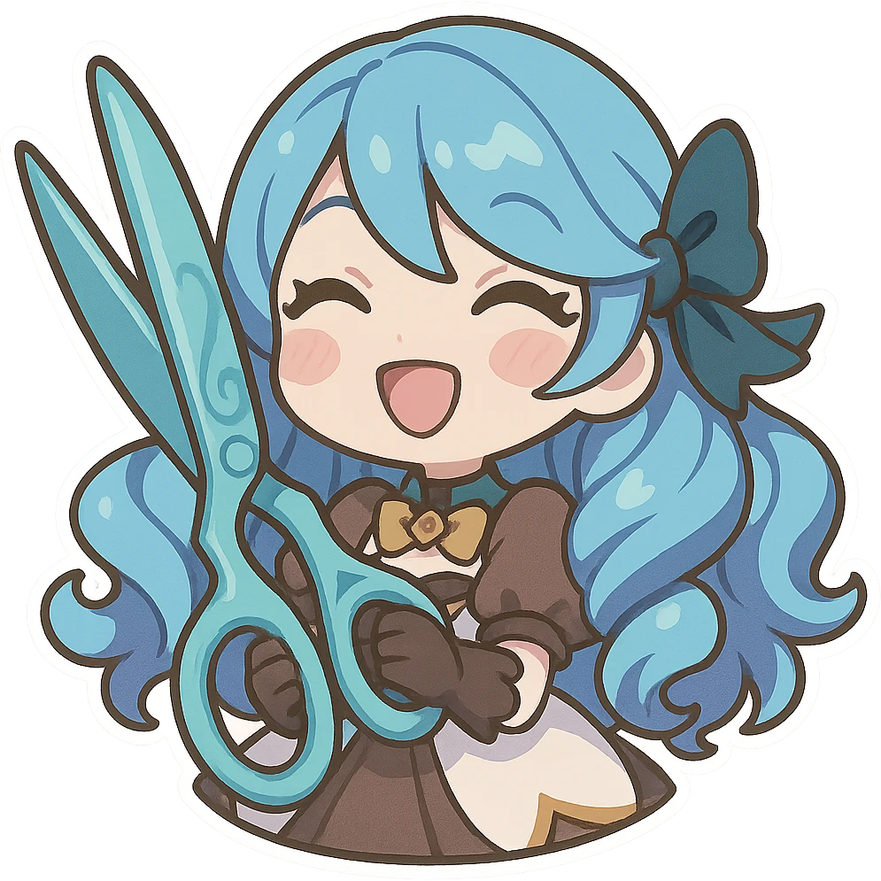 Gwen from League of Legends, chibi style, happy emote, oversized scissors, blue hair, cute doll-like expression emoji