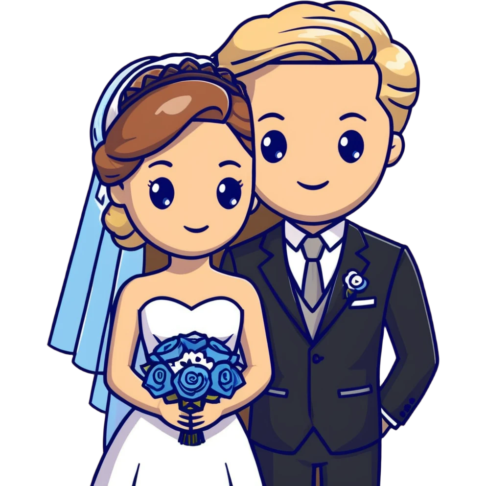 portrait of a bride with light brown hair and grey-blue eyes, and a groom with blonde hair, blue eyes, wearing a brown suit emoji
