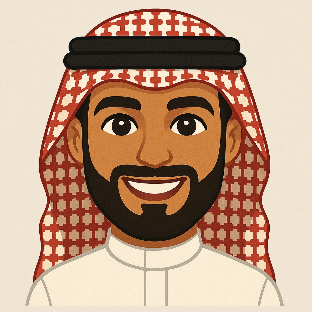 Create an emoji-style Saudi man with sharp features, wearing a white thobe and a red shemagh, with a wide beard and a friendly expression, inspired by the reference images. emoji