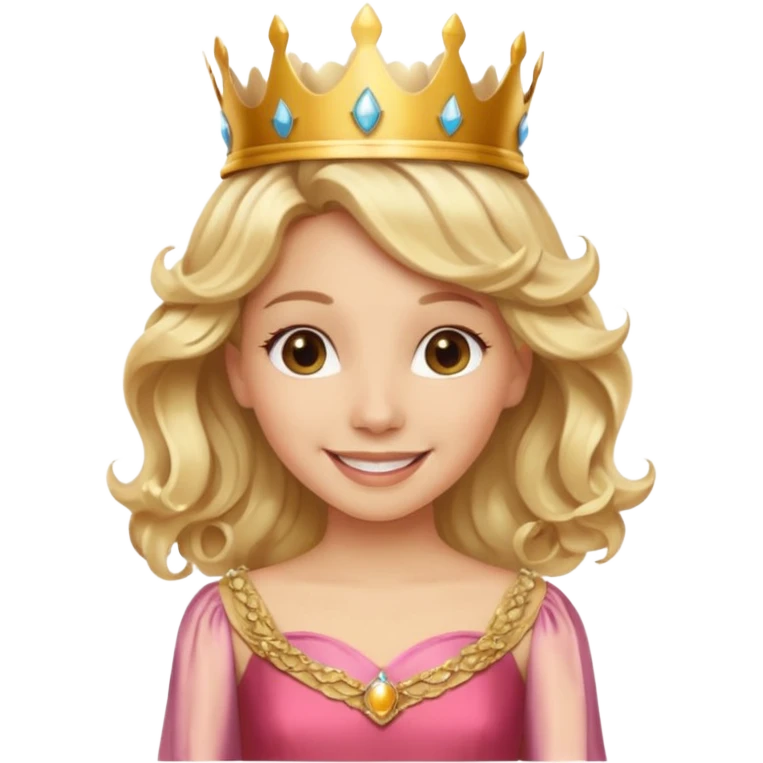 Cheerful blonde latin princess with wavy hair and light gold dress, wearing crown emoji