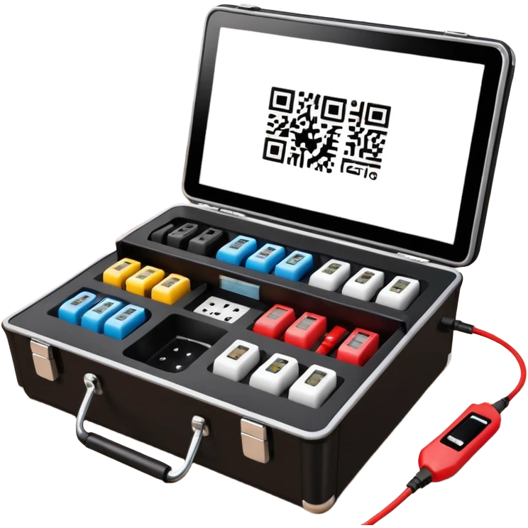 Open professional black testing case on wooden desk. Interior: control panel with colored sockets, USB ports, and power outlet. Inside: a roll of white QR-code calibration stickers.  red test probe.  emoji