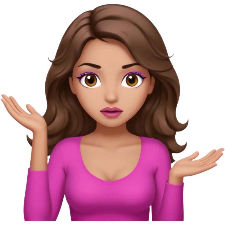 girl with long wavy brown hair, brown eyes, long lashes makeup, sexy pink lips, light to medium complexion, pink sexy top, shrugging with both hands, confused emoji