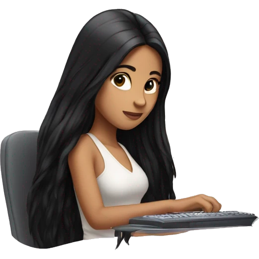 beautiful girl with long black hair, typing on computer  emoji