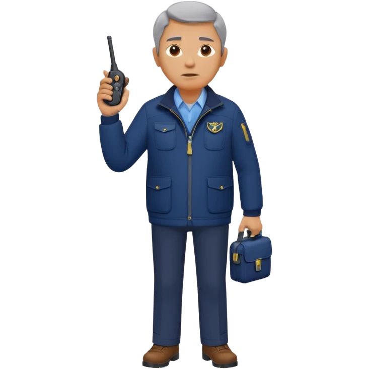 Security, Middle-aged, wearing navy blue jacket, serious facial expression, holding walkie-talkie, full body emoji