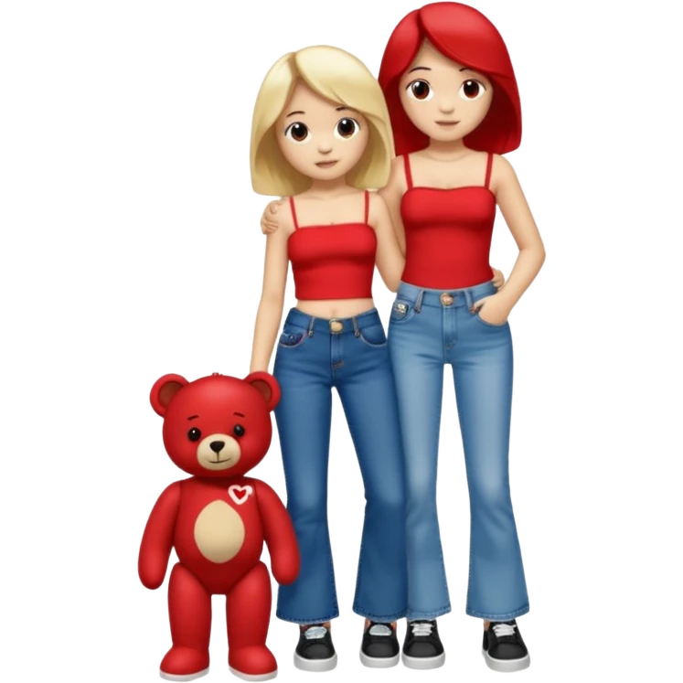 A boy and a girl teddy bear for the boy bear put on true religion shirt and jeans with black shoes and for the girl put flare jeans and a red tube top and white shoes just bears not the humans  emoji