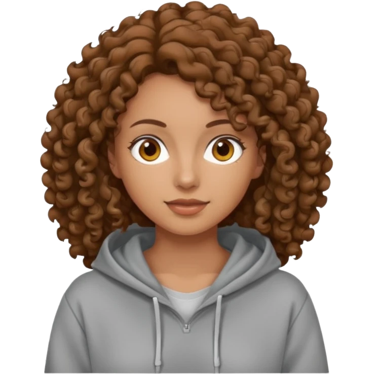 Woman, curly brown hair, hoodie, emoji