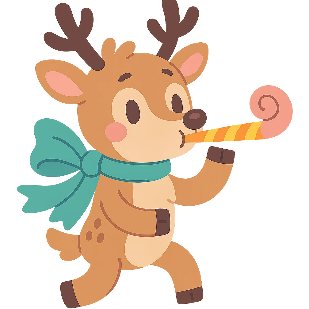 deer with ribbon scarf holding birthday horn in pastel-toon style emoji