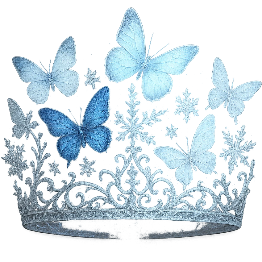 butterfly crown in icy silver with blue and white butterflies, snowflake details, and a frosty glow emoji