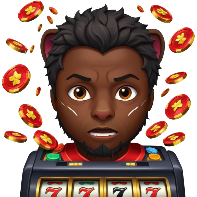 disheveled Black Panther losing money at a slot machine, panicked face, coins flying emoji