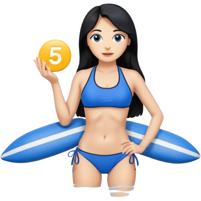 Spanish woman with long black hair, in a blue fitness bikini, with a number 5 circle button p emoji