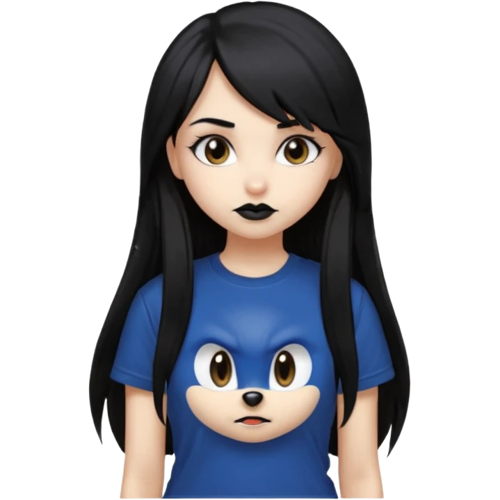 make a goth attractive girl with straight long black hair, side bangs, with brown eyes and wearing sonic clothes  emoji