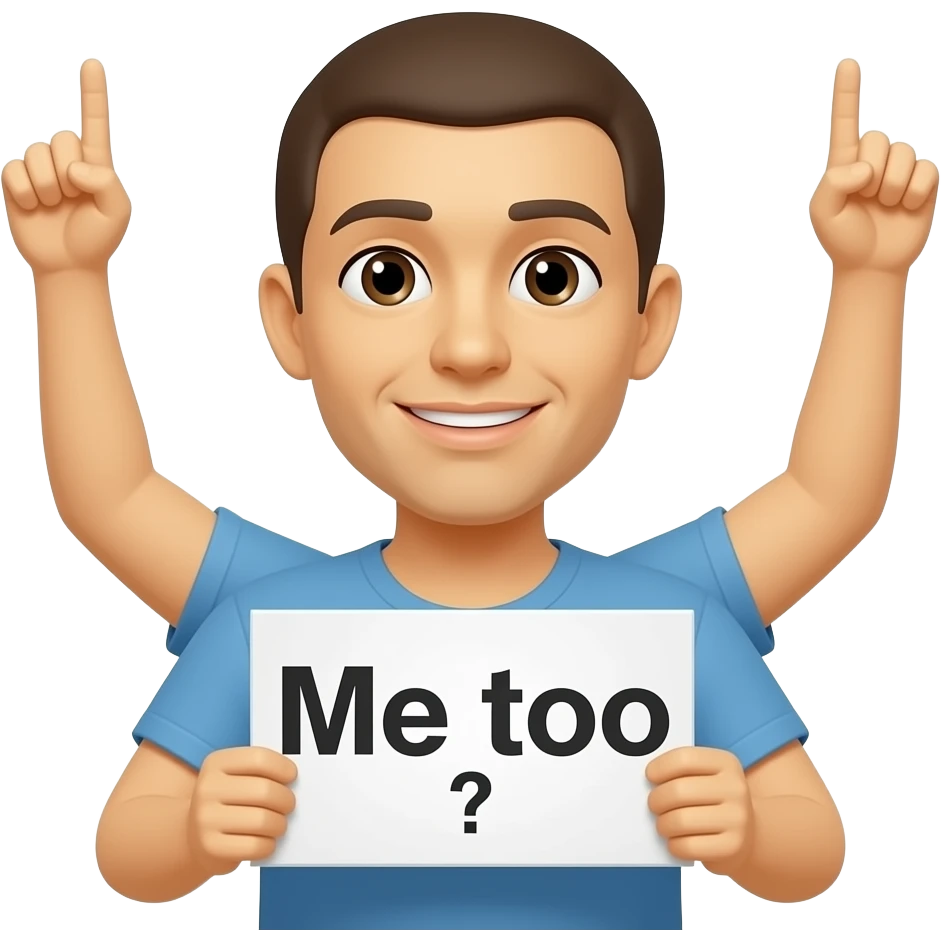 Yellow smiley face holding up a sign that says "Me too" emoji