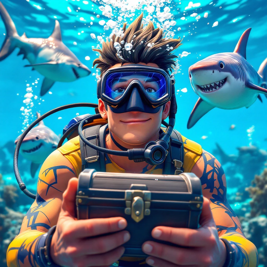 portrait, closeup, 3D, symmetrical, fortnite art style, diver holding chest underwater, happy shark swiming around him, blue crystal water, sunny day emoji