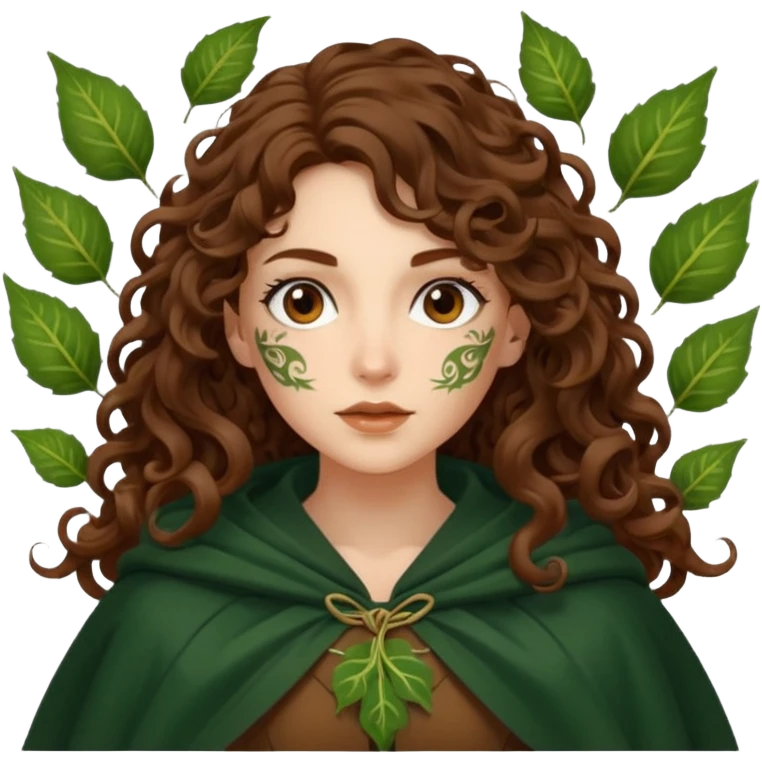 woman with long curly brown hair, brown eyes, white skin, tattoos, cloak made of animated leaves swirling emoji