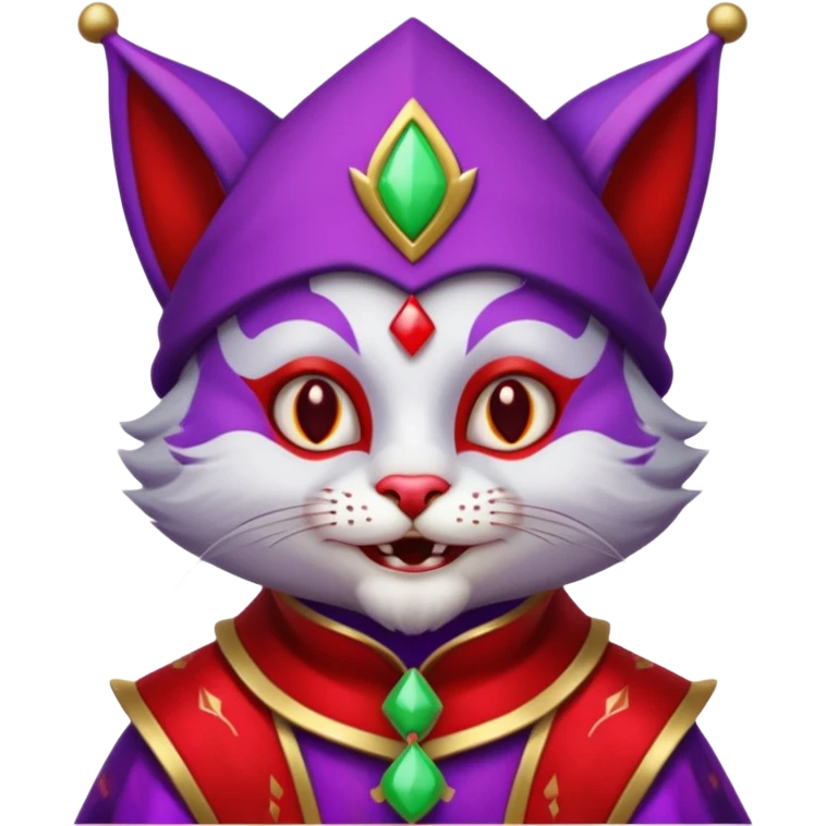 crazy colorful cute little cat jolly joker from poker, medieval, vintage, court jester, mac os icon, purple and red color, silver inserts, half body emoji