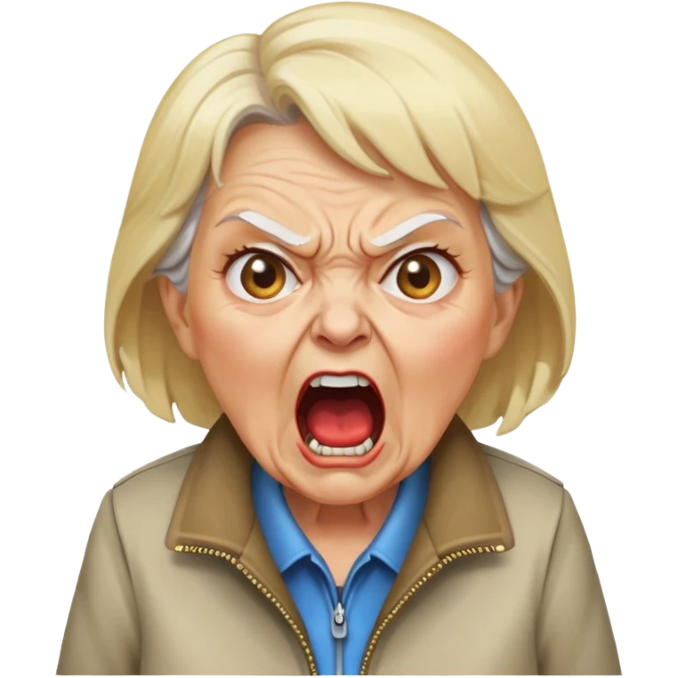angry old lady with blonde hair and a jacket, yelling expression emoji
