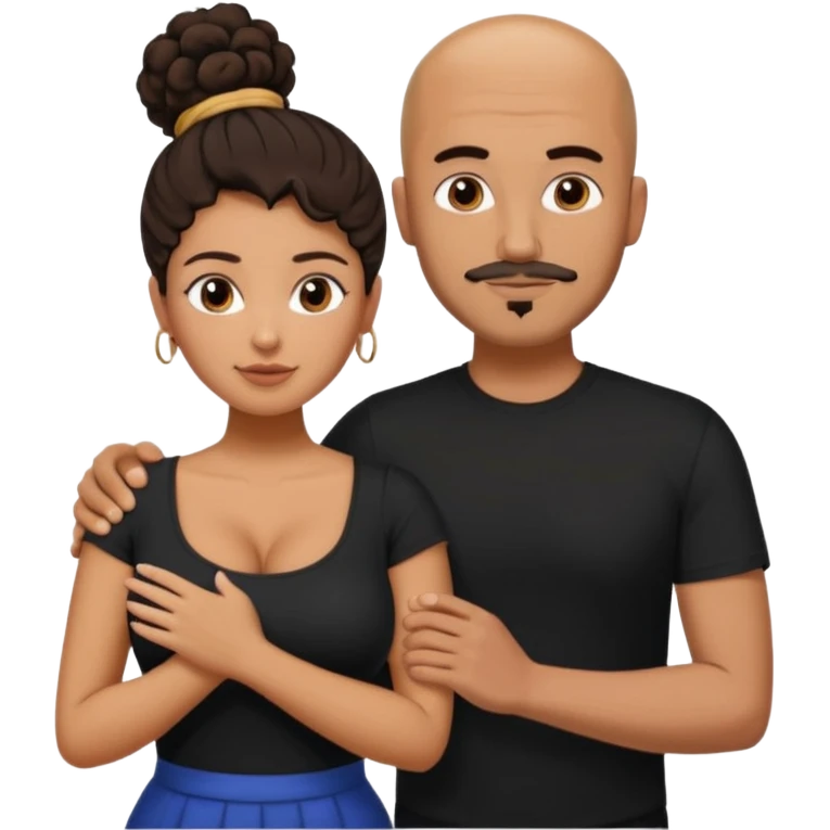 A picture of a tanned couple with the man's arm on her. the man is a Mexican man with tanned skin, a bald hair cut, short beard and wearing a black shirt. the woman is mixed, with curly dark brown hair in a messy bun and with big boobs  emoji