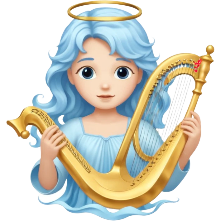 A serene angel with pastel-blue waves of hair, carrying a golden harp.








 emoji
