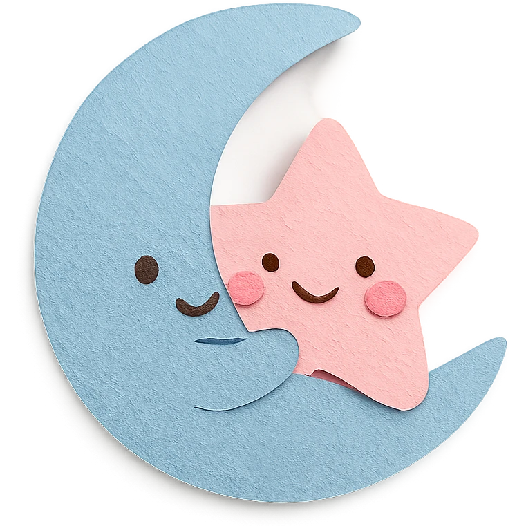 kawaii blue crescent moon hugging a pink star, soft pastel colors, no limbs, full body, paper craft style emoji