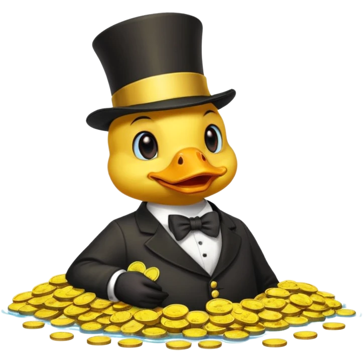 Duck character in top hat swimming in pile of gold coins and money bags emoji