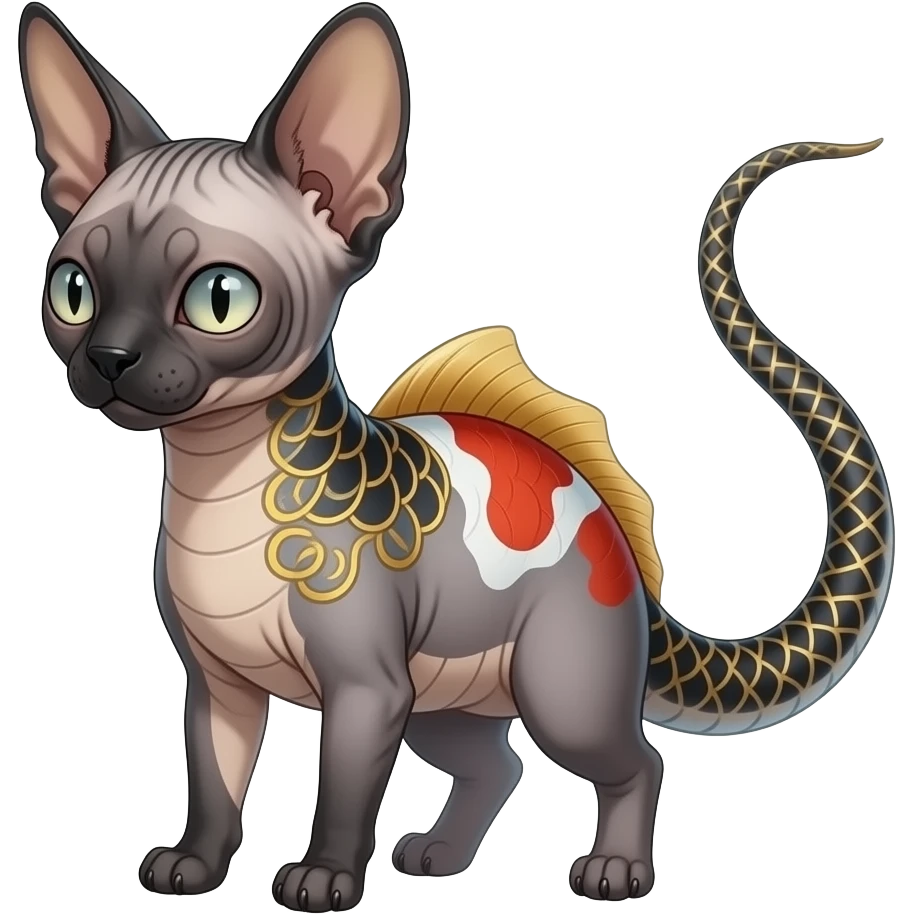 Hyper-realistic cute Japanese oriental Asian Edgy badass swimmy wet painted intricate ornate Japanese Asian koi-Minccino-Lykoi-Emolga-Sphynx-Linoone-Zangoose-fusion-hybrid-animal-Fakémon-creature, full body, thin long sleek scaly python tail, intricate markings emoji