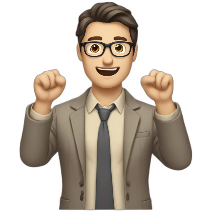 To belt Actively gesturing with hands Okay Pale skinned fit man with dark brown hair in gray jacket, beige office shirt, brown tie, brown pants and vintage glasses. emoji